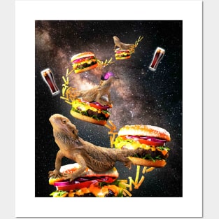 Galaxy Bearded Dragon On Burger - Space Cheeseburger Lizard Posters and Art